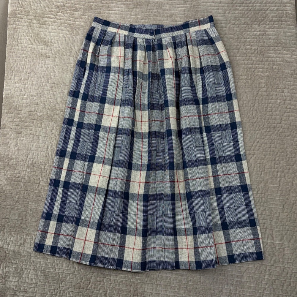 Vintage Wyndham Collection Plaid Midi Skirt Navy Cream Red ILGWU Made in USA 16